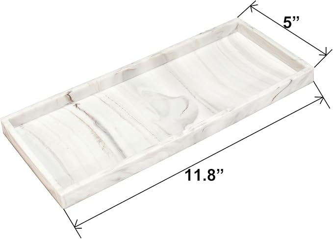 DNC Silicone Bathroom Vanity Tray for Counter, 11.8" Kitchen Sink Soap Tray for Dish Holder Dispenser Countertop Toilet Tank Decor Organizer Marble White