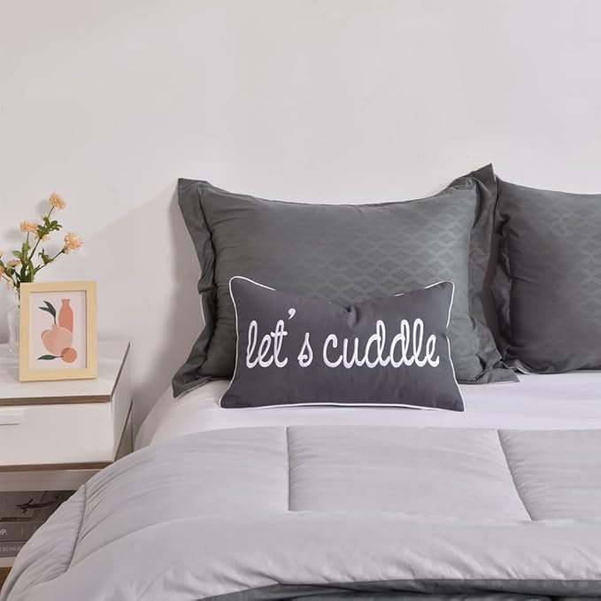 Sunkifover Dark Gray Decorative Lumbar Pillow Covers 12x20 Inches, Soft Solid Rectangular Pillowcase, Embroidered Rectangle Cushion Covers with Let's Cuddle Saying for Bed, Bedroom (Color Grey)