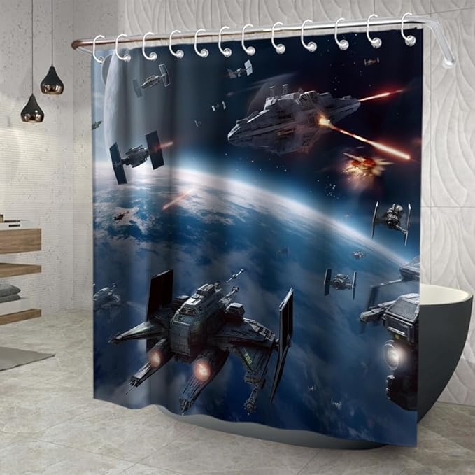 Universe Wars Shower Curtain Battle of The Universe Shower Curtain Set with 12 Hooks Funny Planet Science Fiction Movie 60x72 inch Polyester Machine Washable, Blue Grey