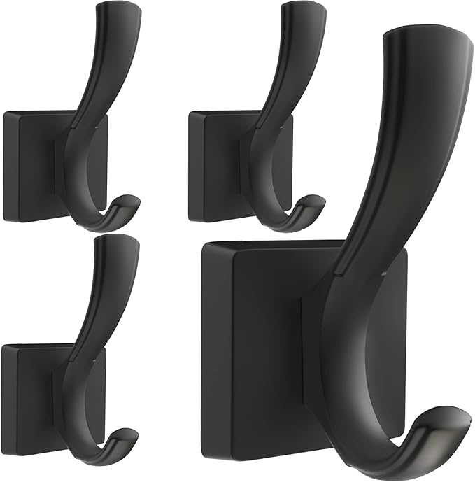 Black Hooks for Wall Towel Hooks, Heavy Duty Thick Aluminum Alloy Entryway Coat Hooks for Hanging Key Robe Hat Backpack, Wall Mount Towel Hooks Bath Kitchen Garage Hooks(4 Pack, Black)