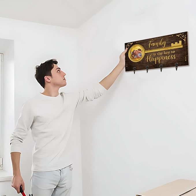 Personalized Family Photo Key Holder Custom Photos Wall Mount Wooden Key Hanger with Family Name Keychain Organizer Hanger for Wall Entryway Home Decor Housewarming Gifts for Birthday,01