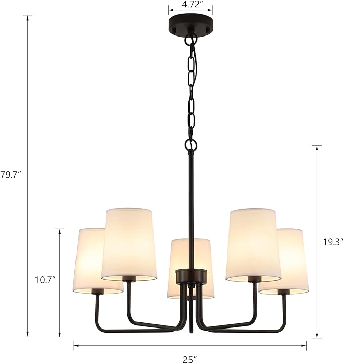 AMZASA Farmhouse Chandelier, Matte Black with White Fabric Shade, Farmhouse Linear Island Lighting Fixture for Kitchen, Dining Room (5-Light Matte Black with Fabric Shades)