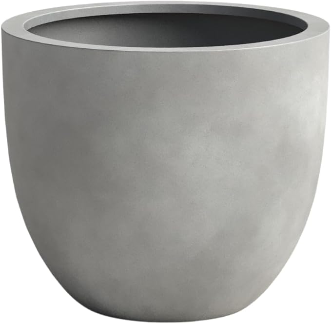 DTY Signature Mount Belford Lightweight and Durable Modern Fiberstone Egg Shaped Planter for Indoor Outdoor Drainage Hole & Rubber Plug Weather Resistant, 10" H x 12" Dia, 10" Opening - Small, Gray