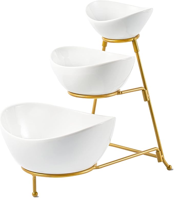 LYEOBOH 3 Tier Serving Bowls Set Tiered Serving Stand, Porcelain Oval Bowls with Collapsible Metal Stand for Entertaining, Party, Dessert Display, Candy, Chip and Dip (Gold)-45oz / 17.5oz / 7oz