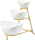 LYEOBOH 3 Tier Serving Bowls Set Tiered Serving Stand, Porcelain Oval Bowls with Collapsible Metal Stand for Entertaining, Party, Dessert Display, Candy, Chip and Dip (Gold)-45oz / 17.5oz / 7oz