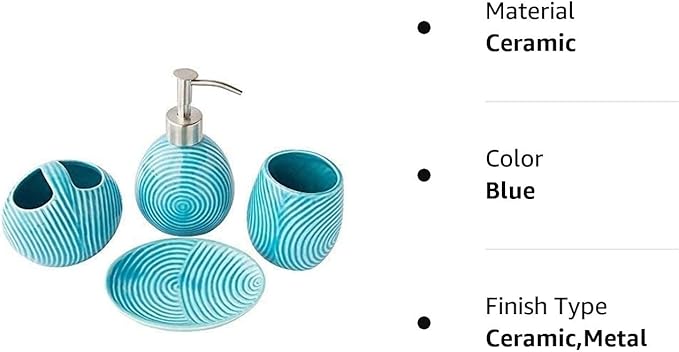 Designer 4 Piece Bathroom Accessory Set by Comfify – Ceramic Bath Set w/Liquid Soap or Lotion Dispenser, Toothbrush Holder, Tumbler and Soap Dish – Decorative Set w/Embossed Details – Blue