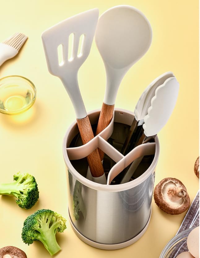 Kitchen Utensil Holder for Countertop, 360°Rotating Cooking Utensil Crocks，4 Compartment Stainless Steel Utensil Holder,6.7”Large Utensil Crock Spoon Fork Knife Holder For Kitchen Counter (khaki)