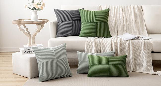 MIULEE Moss Green Corduroy Pillow Covers Pack of 2 Boho Decorative Spliced Throw Pillow Covers Soft Solid Couch Pillowcases Cross Patchwork Textured Cushion Covers for Living Room Bed Sofa 18x18 inch