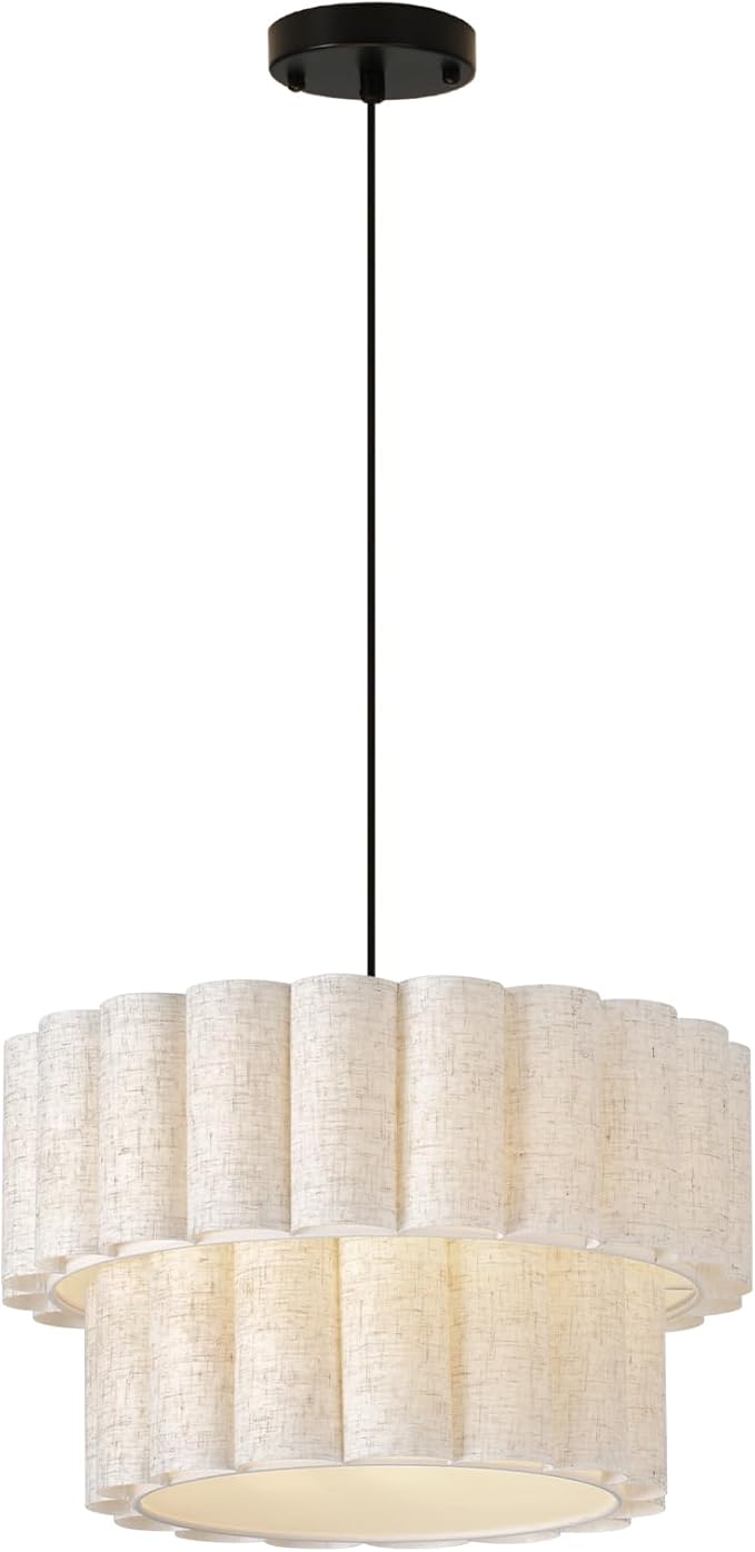 16 Inch Wavy Linen Chandelier Modern Pendant Light Fixture, Rustic Fabric Hanging Ceiling Lamp for Dining Room, Kitchen Island, Living Room, Foyer, Dimmable Lighting Over Table