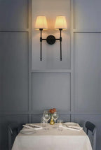 PERMO Classic Rustic Double Sconce 2-Lights Wall Sconce Lighting Fixture with Flared White Textile Lamp Shade and and Black Finished Long Arm,Wall Sconce Light Fixture for Bathroom Bedroom Bedside