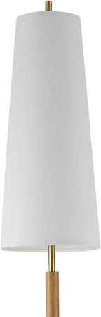 GLOBE Electric 61000173 63" Floor Lamp, Matte Brass, Wood Toned Accent, Long White Fabric Shade, in-Line On/Off Foot Switch, 6.7-Foot Clear Cord, 1-Light, 60W E26/Medium Base Bulb