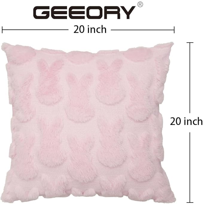 GEEORY Easter Bunny Soft Plush Pillow Covers, 20 x 20 Inch Set of 2, Fluffy Faux Fur Wool Decorative Farmhouse Cushion Case for Sofa Home Decoration Pink GC015-20