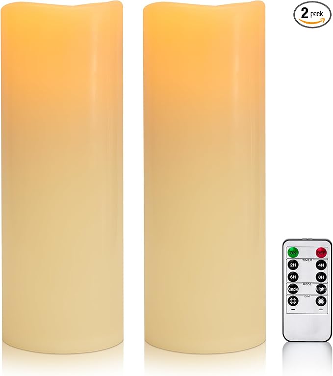 5" x 14" Ivory Large Waterproof Outdoor Flameless Candles Battery Operated LED Flickering Pillar Candles with Remote and Timer for Indoor Outdoor Lanterns, Long Lasting, Set of 2