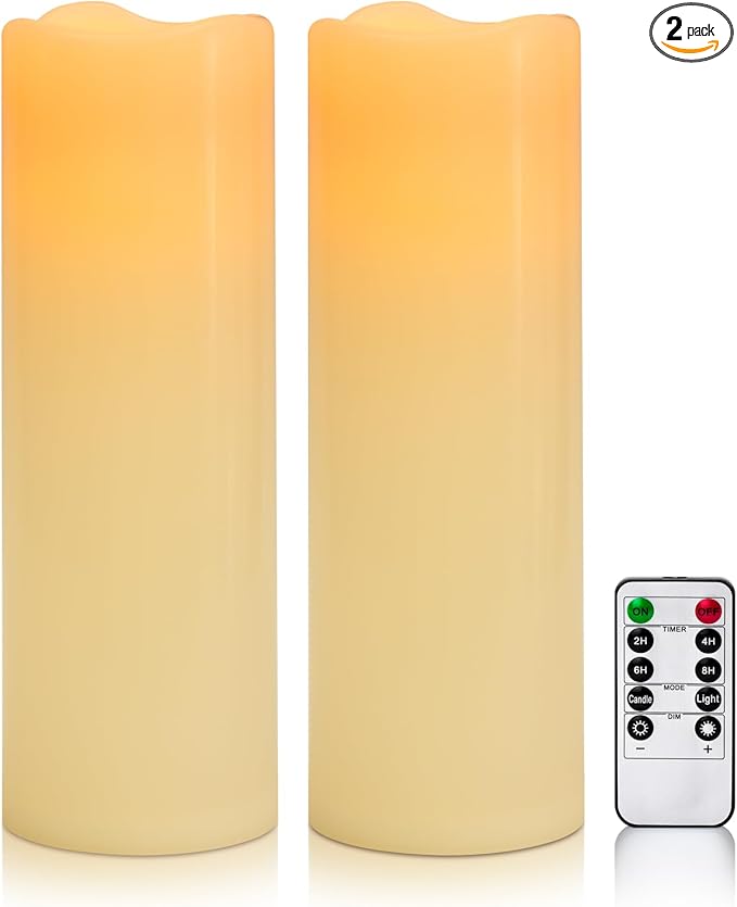 4" x 12" Ivory Large Waterproof Outdoor Flameless Candles Battery Operated LED Flickering Pillar Candles with Remote and Timer for Indoor Outdoor Lanterns, Long Lasting, Set of 2