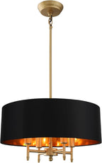 Black Drum Chandelier Gold Drum Shade Chandelier 4-Light Modern Linen 17.75“Chandeliers Light Fixture for Dining Room, Bedroom, Kitchen Island, Living Room, E12,Rod Adjustable