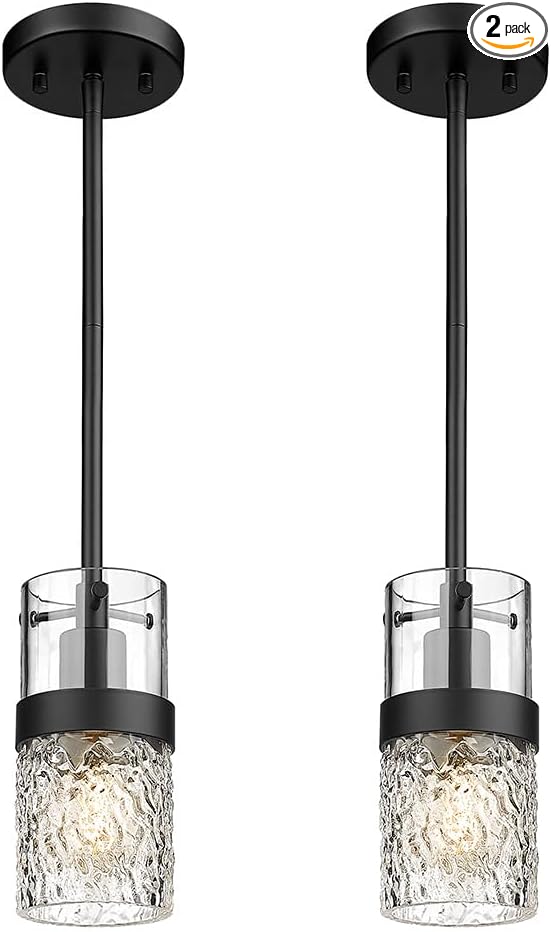 LMS Glass Pendant Lights Kitchen Island 2-Pack, Modern Black Pendant Light Set of 2 with Hammered Glass and Rods, Mini Hanging Lighting for Kitchen Island, Bathroom, Bedroom, LMS-201