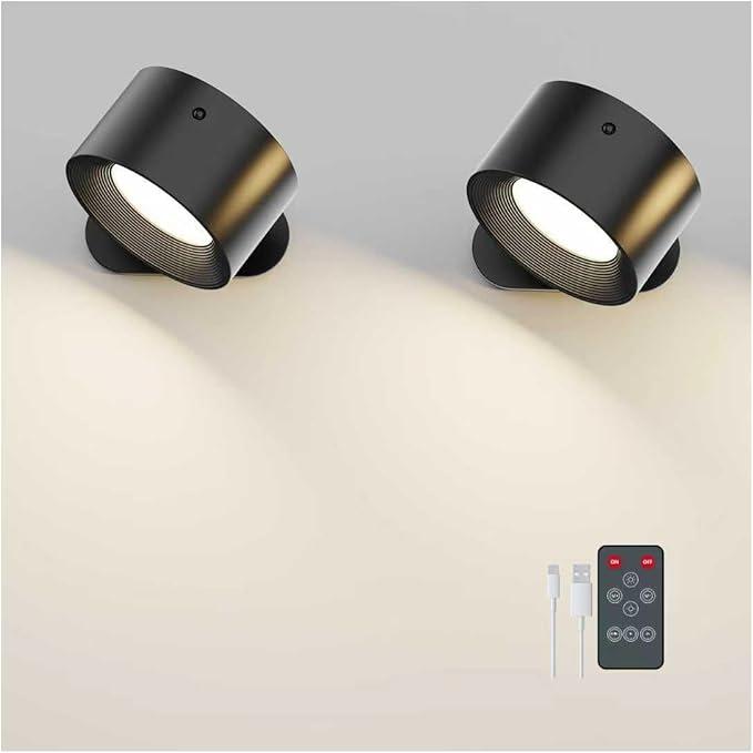 Romote LED Wall Sconce - Rechargeable Wall Light, 3 Colors & 3 Brightness Levels, 360째 Magnetic Rotating Head, Bedside Reading Lamp, Easy Install Battery Operated Wall Lamp Black Pack of 2