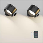 Romote LED Wall Sconce - Rechargeable Wall Light, 3 Colors & 3 Brightness Levels, 360째 Magnetic Rotating Head, Bedside Reading Lamp, Easy Install Battery Operated Wall Lamp Black Pack of 2