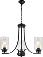 3 Lights Black Traditional Chandelier Rustic Kitchen Island Lighting Fixtures Hanging Clear Glass Cylinder Pendant Lights Classic Ceiling Light for Dining Room Bedroom Foyer