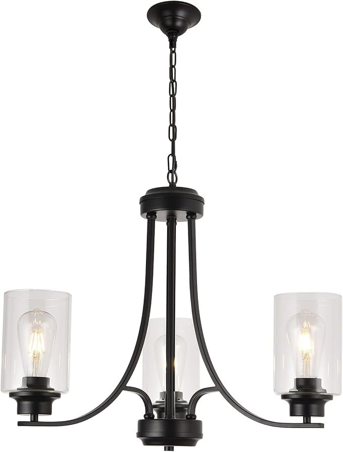 3 Lights Black Traditional Chandelier Rustic Kitchen Island Lighting Fixtures Hanging Clear Glass Cylinder Pendant Lights Classic Ceiling Light for Dining Room Bedroom Foyer