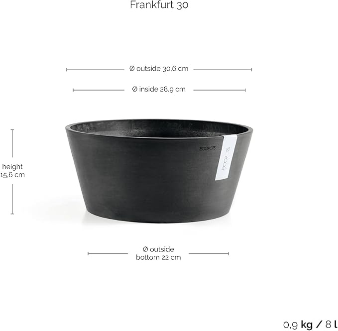 Ecopots Frankfurt Durable Modern Round Indoor/Outdoor Recycled-Based Composite Flower Pot Planter, Dark Grey, 12"