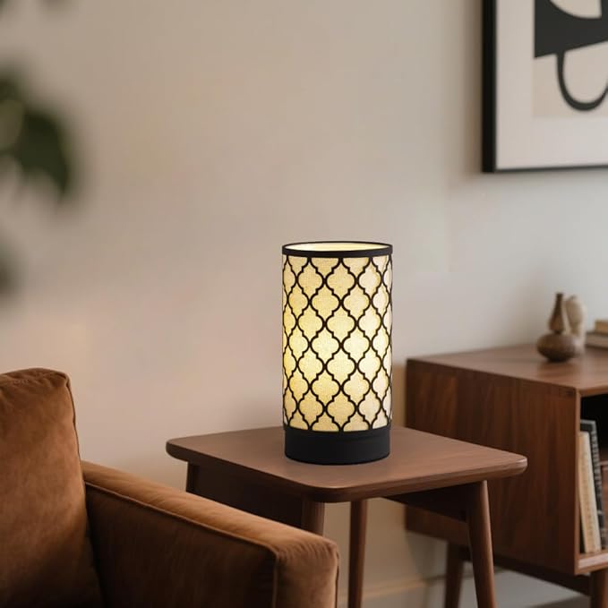 Cerdeco Small Table Lamp with Two-Tier Linen Shade and Black Metal Floral Cut-Out Pattern,Bedside Lamp,Easy Intallation,E26 Socket Lamp(Bulb is not Included), Desk Lamp for Bedroom,Living Room,Home