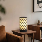 Cerdeco Small Table Lamp with Two-Tier Linen Shade and Black Metal Floral Cut-Out Pattern,Bedside Lamp,Easy Intallation,E26 Socket Lamp(Bulb is not Included), Desk Lamp for Bedroom,Living Room,Home