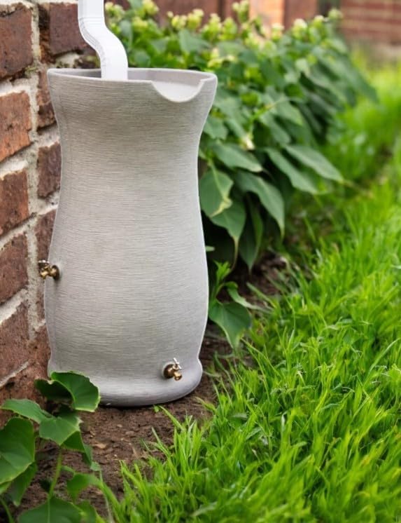 Impressions Corsican Decorative Rain Barrel, 50 Gallon Capacity,Unique Textured White Ceramic Look with Brass Spigots Finish, Modern Design