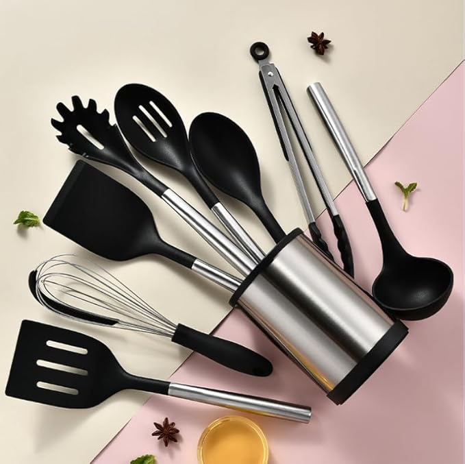 Kitchen Utensil Holder for Countertop, 360°Rotating Cooking Utensil Crocks，4 Compartment Stainless Steel Utensil Holder,6.7”Large Utensil Crock Spoon Fork Knife Holder For Kitchen Counter