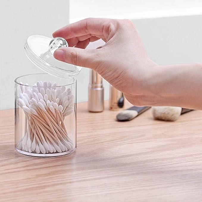 AXX Qtip Dispenser Apothecary Jars Bathroom - Qtip Holder Storage Canister Clear Plastic Jar for Cotton Swab,Q-Tips,Cotton Rounds (E#Clear 4Pcs)