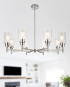 Brushed Nickel Chandeliers for Dining Room, Farmhouse Chandeliers Light Fixture with Clear Glass Shades 8 Light Dining Room Light Fixtures Pendant Lights for Kitchen Island Living Room