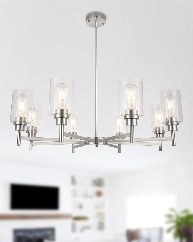 Brushed Nickel Chandeliers for Dining Room, Farmhouse Chandeliers Light Fixture with Clear Glass Shades 8 Light Dining Room Light Fixtures Pendant Lights for Kitchen Island Living Room