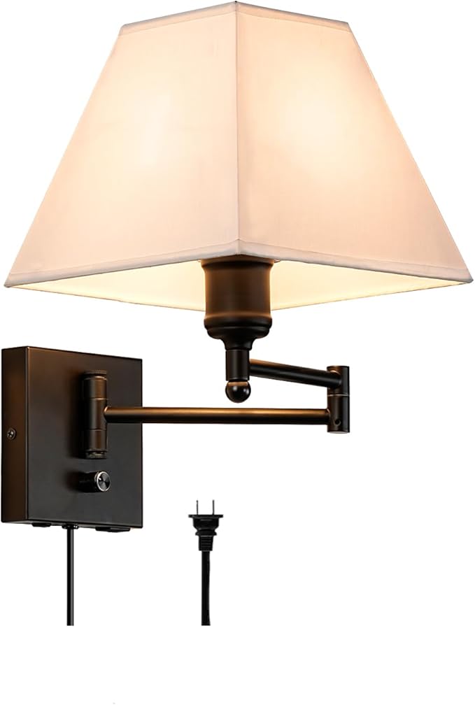Swinging arm Wall lamp, Fabric lampshade, with Plug and dimming Rotary Switch, USB and Type-C Charging Port, Suitable for Bedside, Living Room, Hotel and Bedroom Wall Lamps