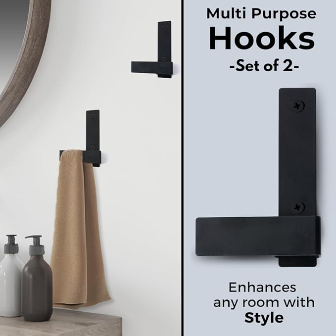 Decorative Wall Hooks-Set of 2 Chic Coat Hooks for Wall Mount. Perfect for Hanging Coats, Clothes, Towels, Backpacks Or Hats. Modern Heavy Duty Metal Hooks (Black Set)