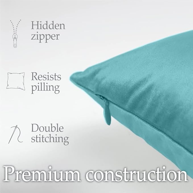 lalaLOOM Velvet Throw Pillow Covers, Set of 2, 18x18 Decorative Square Pillows Home Decor, Soft Accent Cases, Silky Machine Washable Pillowcases for Sofa, Couch, Bedroom, Living Room, Turquoise