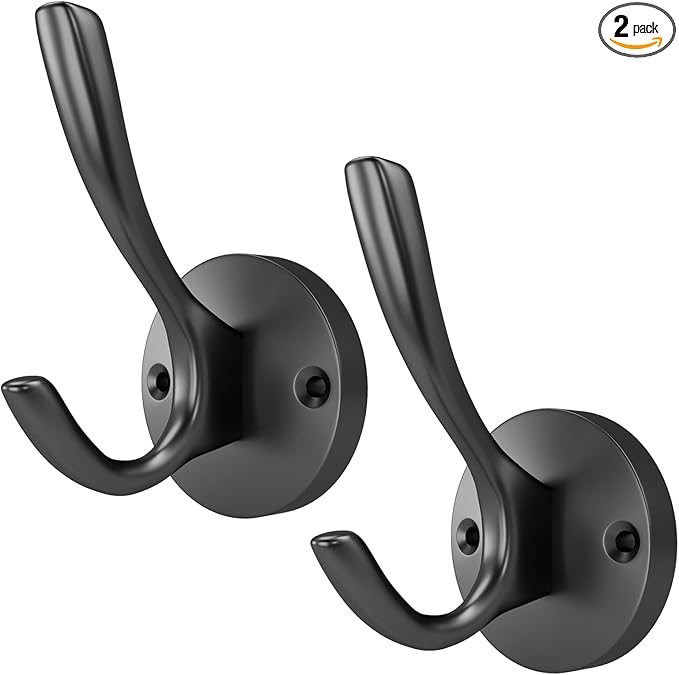 ZUONAI Black Towel Hooks for Bathrooms 2 Pack Black Coat Hook Wall Hook for Hanging and Hat Hooks Towel Hooks for Wall Hooks for Coats Heavy Duty Hook for Hanging Coats Bedroom Hook