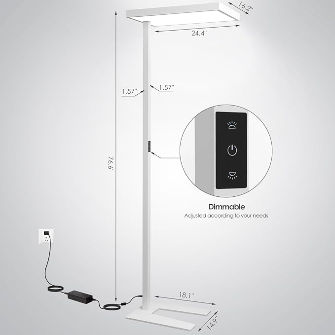 4000K LED Floor Lamp for Office, 76.6'' Full Spectrum Dimmable 100W 10400LM Natural Daylight Eye-Caring Free Standing Lamp for Reading Room Office Study Room Nursery Piano (100W)