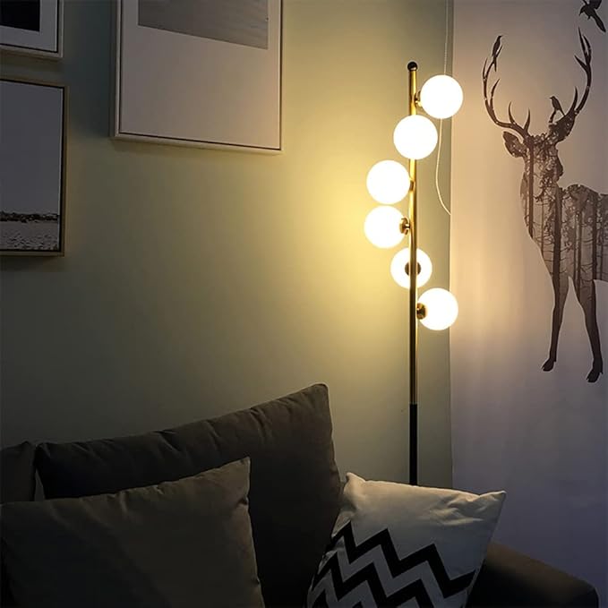 Modern Glass Globes Floor Lamp, 6 Lights Vertical Standing Lamps, Mid Century Floor Lamp, Elegant Floor Lamps with Stable Base for Living Room Bedroom Office