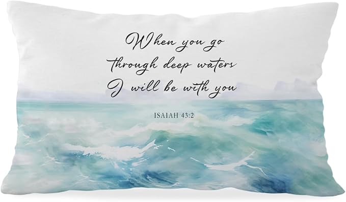 Beach Bible Throw Pillow Cover 12x20 - Christian Bible Verse Watercolor Pillow Cover, Ocean Themed Bedroom Decor, Beachy for Sofa Couch