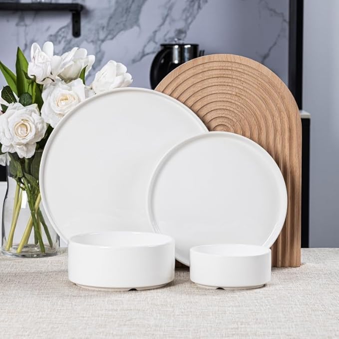 Porcelain Dinnerware Sets for 6, 24pcs High-sided Plates and Bowls Set, White Chip and Scratch Resistant Dinner Set - Dishwasher & Microwave Safe Dinging Dishes Set, QOMO-1996