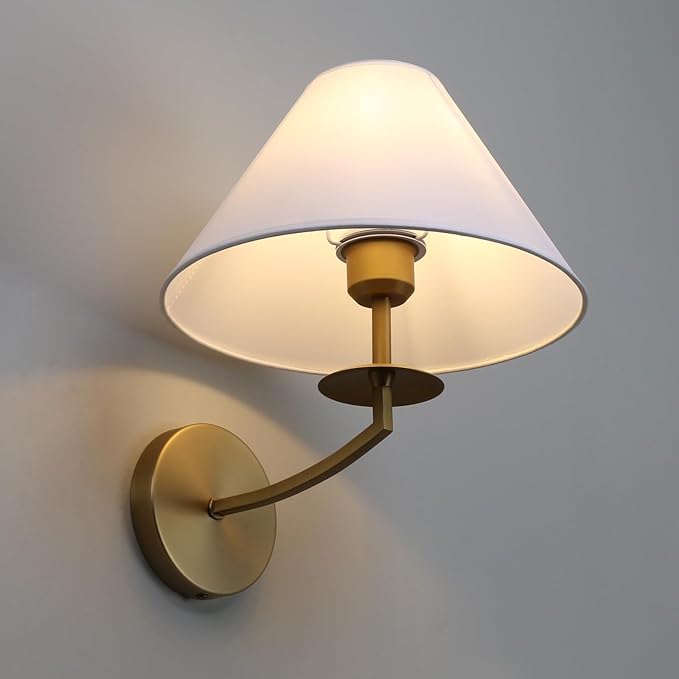 PERMO Vintage Wall Sconce Antique Rustic Gold Sconces wiht White Textile Fabric Shade Hardwired Sconce Indoor Wall Lights for Living Room Bedroom Kitchen Dining Room Home Office