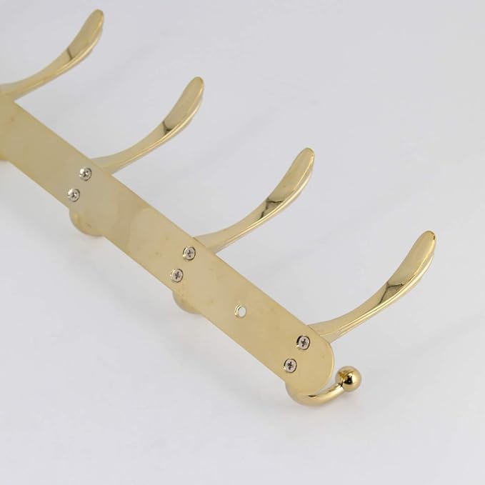 Coat Rack Wall Mounted - 5 Tri Hooks, Heavy Duty, Metal Coat Hook Rail for Coat Hat Towel Purse Robes Mudroom Bathroom Entryway, Gold