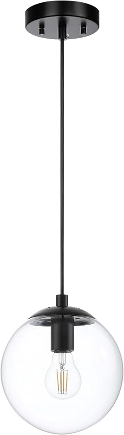 XiNBEi Lighting 8 inch Globe Pendant Lighting Kitchen Island, Modern Industrial Black Pendant Light with Clear Glass Adjustable Hanging Light Fixture for Dining Room XB-P1259-MBK