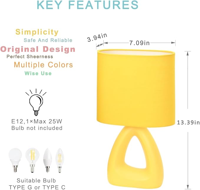 Lampwell LILA Small Table Lamp for Living Room as Bedside Table Lamp for Bedroom,Modern Ceramic Table Lamp,Kids Table Lamp,Night Table Lamp,6.7×3.94×H11.8IN,Bulb Excluded,Yellow Table Lamp