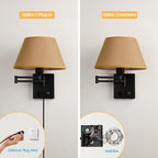 Swing Arm Wall Sconces, Plug-in Wall lamp,Bedroom Wall lamp ， White Fabric Shade with dimmable Switch and USB Charging Port,Suitable for Bedside,Living Room,Reading (Black. Gold Shadow)