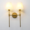 PERMO Classic Rustic Double Sconce Large 2-Lights Wall Sconce with Flared White Textile Lamp Shade and Antique Brass Finished Long Arm, Wall Sconce Light Fixture for Living Room Bathroom Bedroom