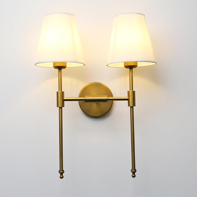 PERMO Classic Rustic Double Sconce Large 2-Lights Wall Sconce with Flared White Textile Lamp Shade and Antique Brass Finished Long Arm, Wall Sconce Light Fixture for Living Room Bathroom Bedroom