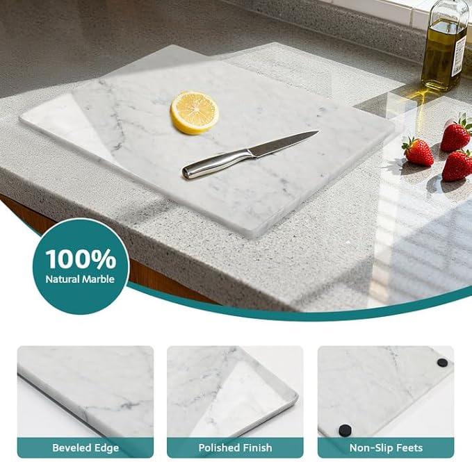 Marble Pastry Board, White Carrara Marble Cutting Board 16 x 12 Inches with Non-Slip Feet for Rolling Dough, Cheese, Pastries, Fruits and Vegetables