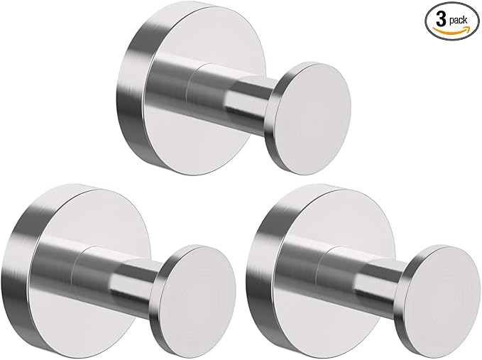 Epock Towel Hooks for Bathrooms Set of 3, Screw-in Stainless Steel Robe Coat Clothes Hook Bathroom & Kitchen Round Style Wall Hooks Rustproof -Blushed Silver