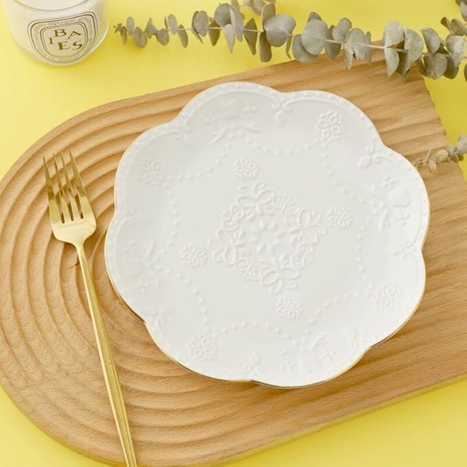 YBK Tech Elegant Round Embossed Lace Plate, Ceramic Serving Plate for Breakfast Afternoon Tea (White, 8-inch)